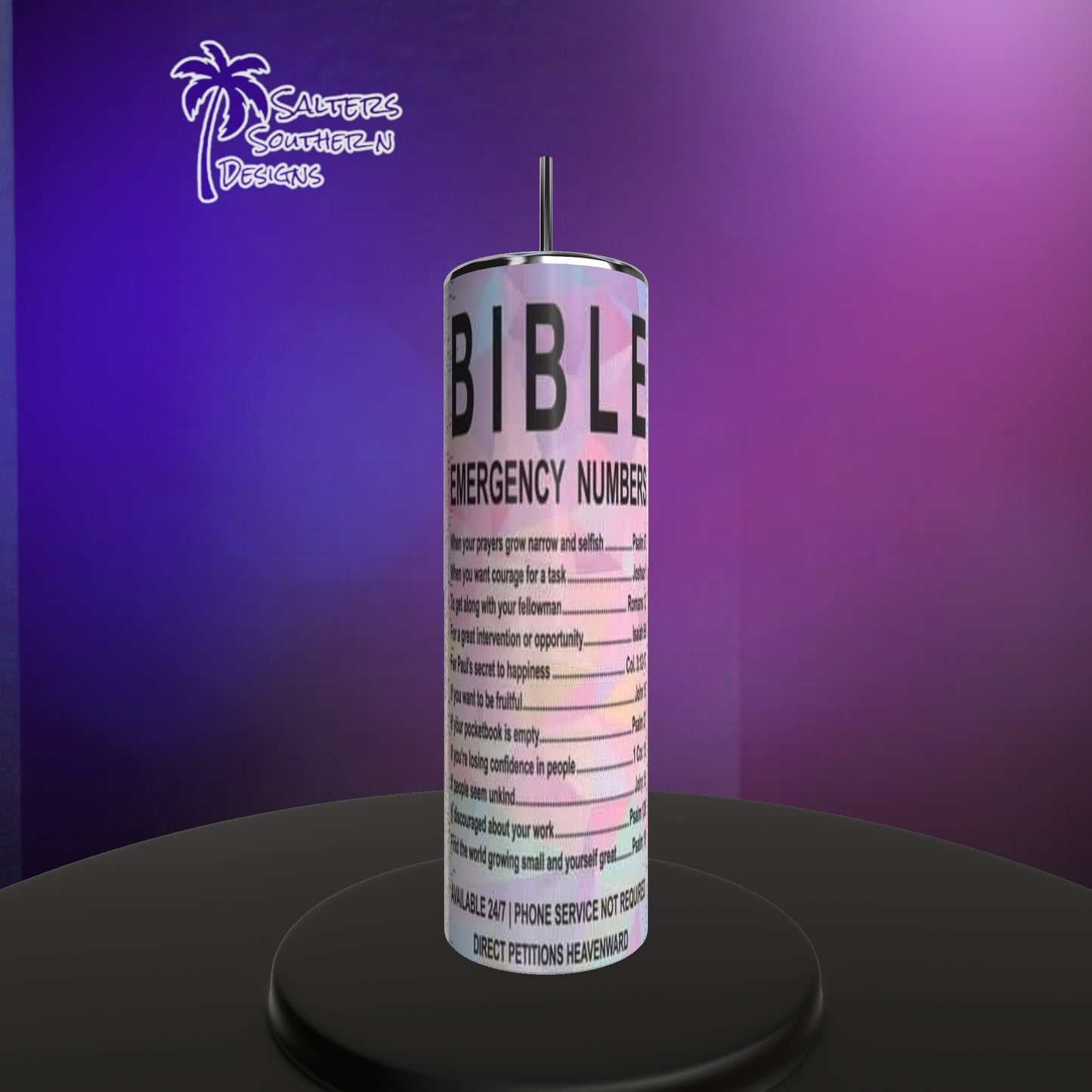 Bible Emergency Numbers Tumbler in Purple